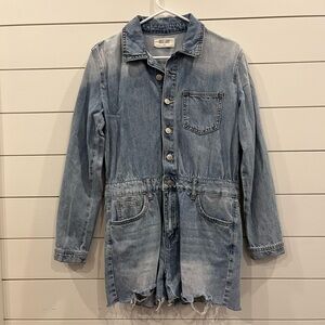 Blue Denim Jumpsuit with Vintage Wash and Relaxed Fit